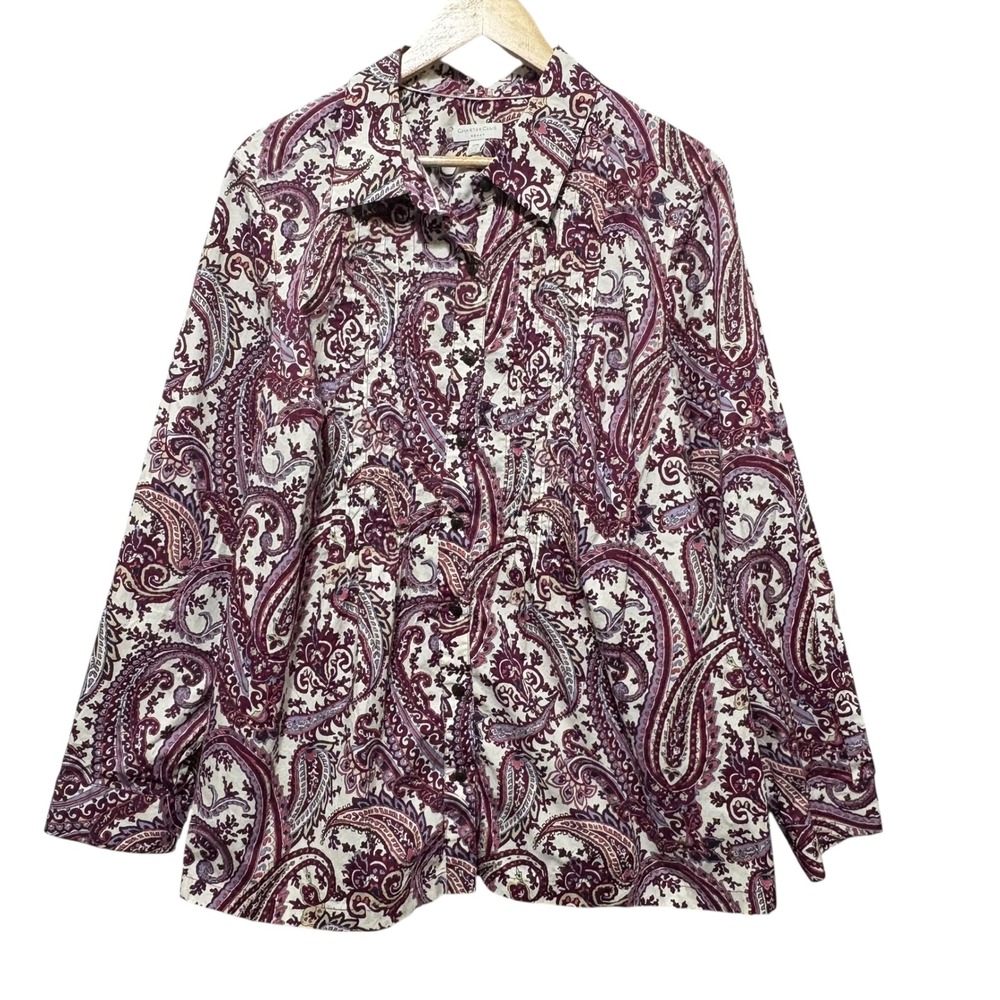 Charter Club Women Button Top 22W Burgundy Paisley Boho Classic Preppy‎ Timeless